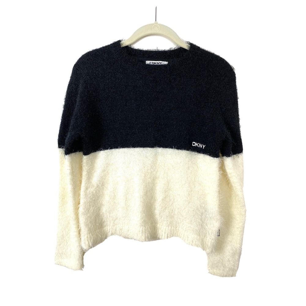 DKNY Junior Fuzzy Black Cream Crew Neck Pullover Lighweight Sweater Sz L